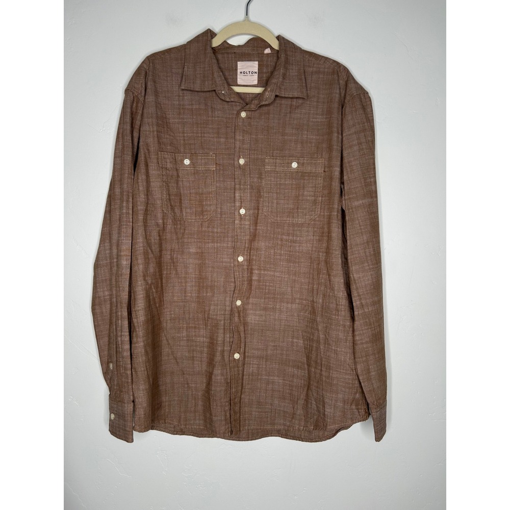Holton Canvas + Cloth Cotton Brown Button Up Shirt Size XL Fall Office Casual